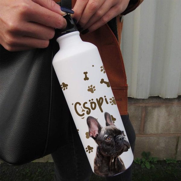 Francia bulldogos tappancsos kulacs névvel és fényképpel