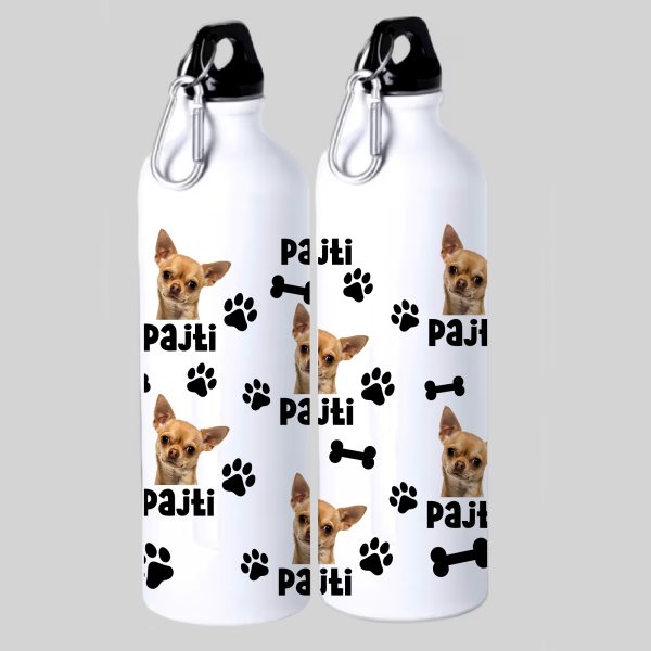 Csivavás kulacs, névvel, fényképpel, mancs és csont mintával